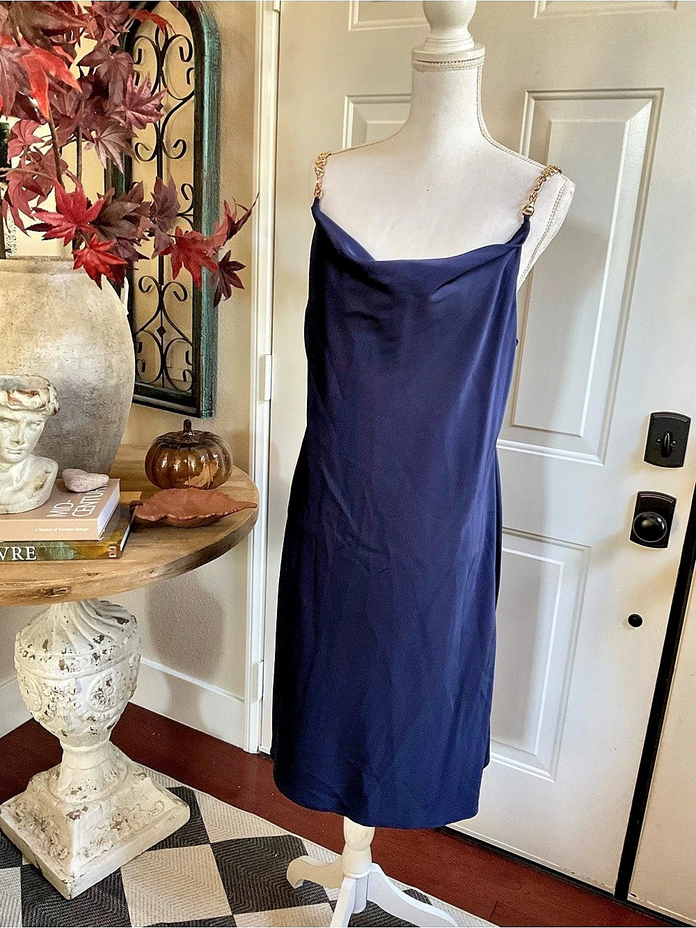 House of Harlow 1960 Cowl Neck Midi Satin Blue Dress with gold-tone chain straps